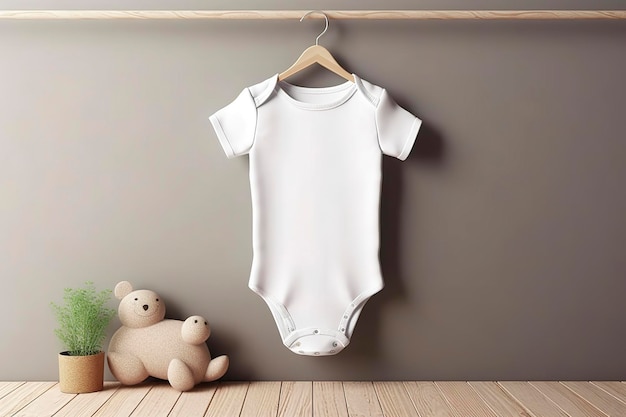 White baby short sleeve bodysuit mockup in minimal interior Blank gender neutral newborn bodysuit mock up template AI generated image