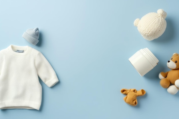 Photo a white baby sweater a blue knitted hat a white knit bear a brown teddy bear and a brown kn