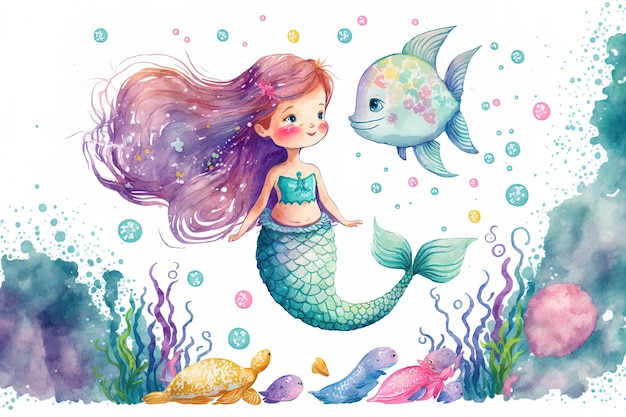 A white backdrop in isolation with a mermaid tail childs watercolor painting