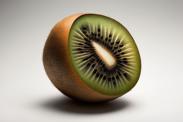 On a white backdrop a kiwi fruit that is halfway ripe