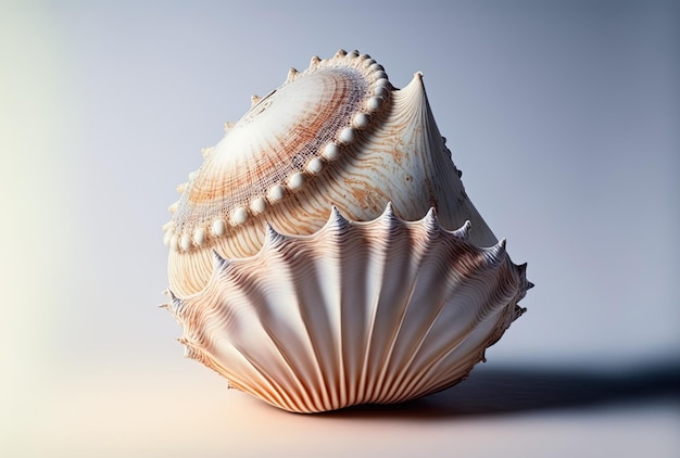 On a white backdrop a large lovely seashell is alone