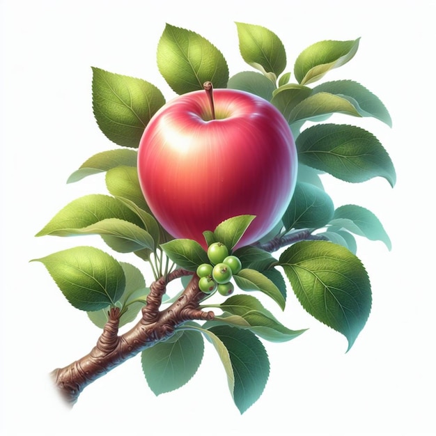 On a white backdrop two red apples with green foliage