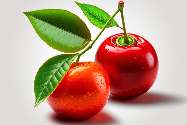 On a white backdrop two red juicy Acerola cherries with a green leaf are isolated route clipping