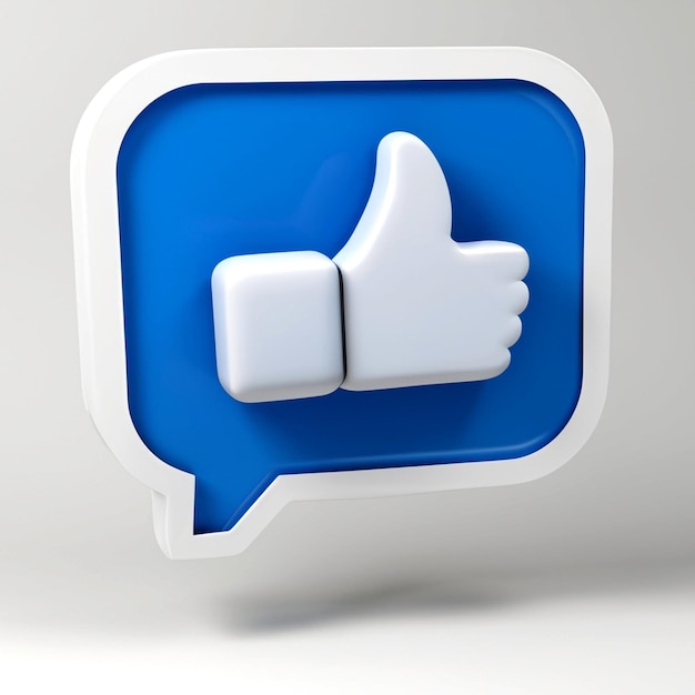 On a white backdrop with a blue speech bubble and a like or thumbs up icon