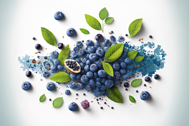 White backdrop with an illustration of a fresh blueberry in the foreground