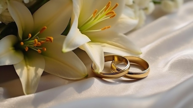 A white backdrop with a pair of wedding rings on it and lovely white lilies in the distance Concept of love and commitment GENERATE AI