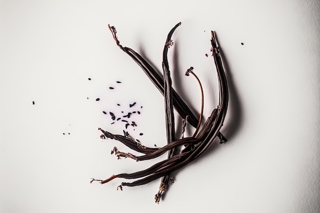 White backdrop with solitary dry vanilla beans