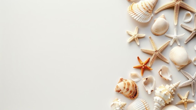 Photo a white background adorned with seashells and starfish evoking a summer concept through coastal elements