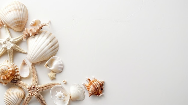 Photo a white background adorned with seashells and starfish evoking a summer concept through coastal elements