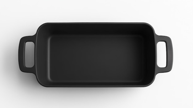 On a white background a black metal baking dish with a nonstick coating is seen from the top