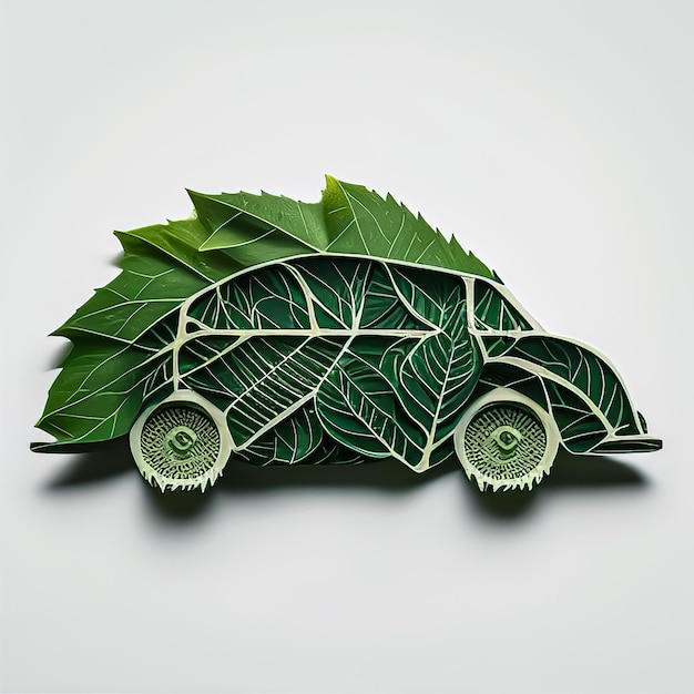 white background a car made from a cut green leaf