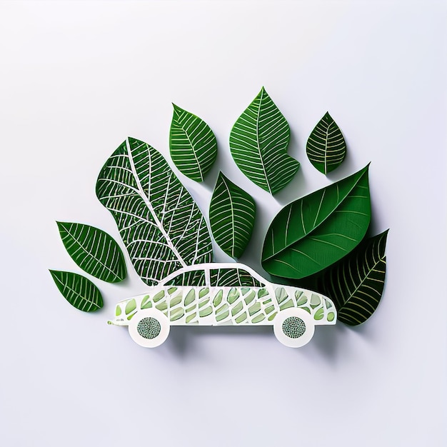 white background a car made from a cut green leaf