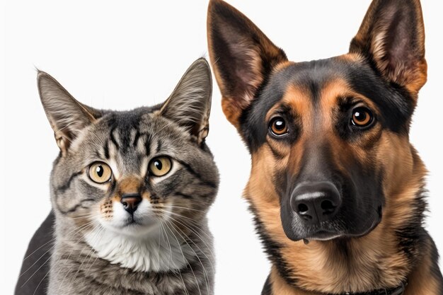 On a white background a cat and a dog look at the camera