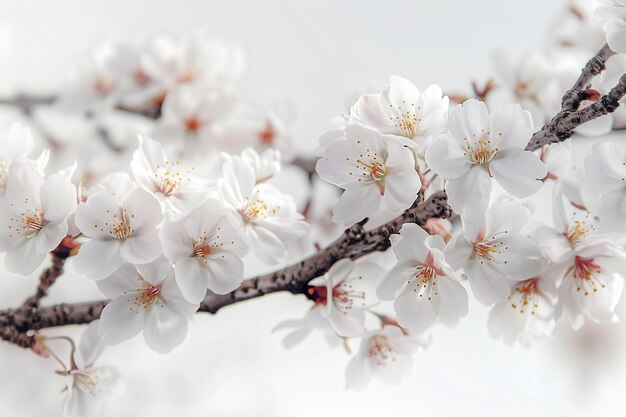 White background close up of cherry blossom tree branch minimalist photography delicate flowers