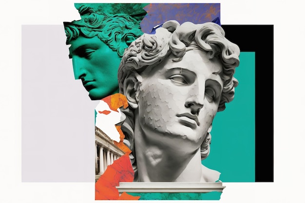 On a white background a collage featuring a facsimile of Davids head a statue and a male face can be seen Insert your text in the void modern style contemporary collage art that is vibrant and