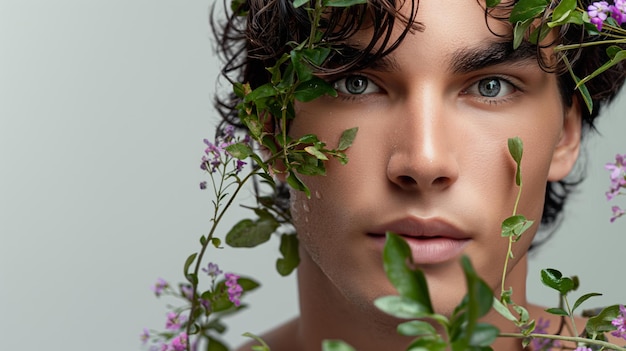 White background A darkhaired man Body is covered with flowers and plants A plant is wrapped around