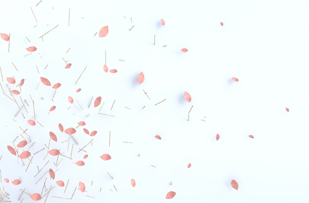 White background decor with blow pink leaves, branch