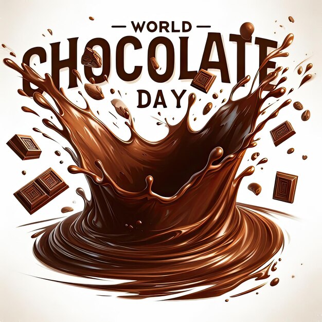 A white background greeting card with text WORLD CHOCOLATE DAY adorned with an aesthetic frame of sweet and delicious chocolate drips and splashes