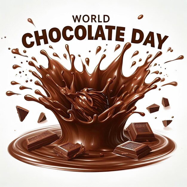 A white background greeting card with text WORLD CHOCOLATE DAY adorned with an aesthetic frame of sweet and delicious chocolate drips and splashes