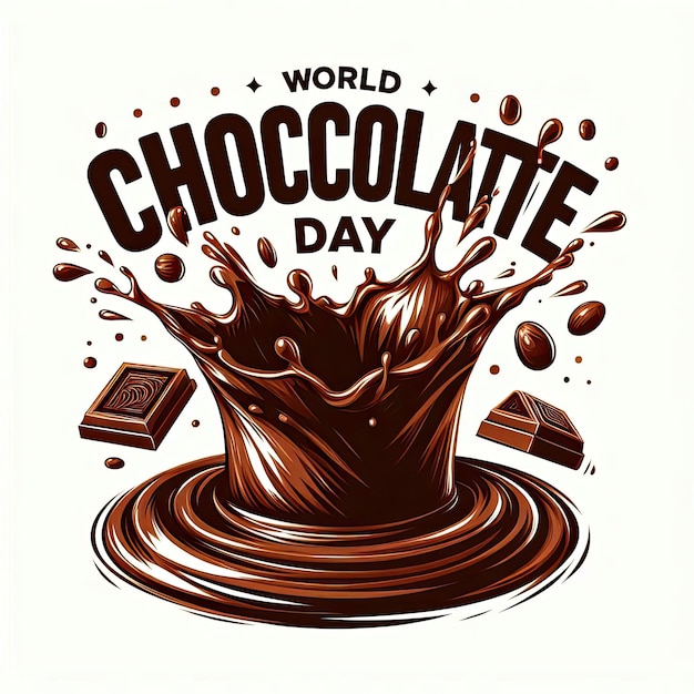 A white background greeting card with text WORLD CHOCOLATE DAY adorned with an aesthetic frame of sweet and delicious chocolate drips and splashes