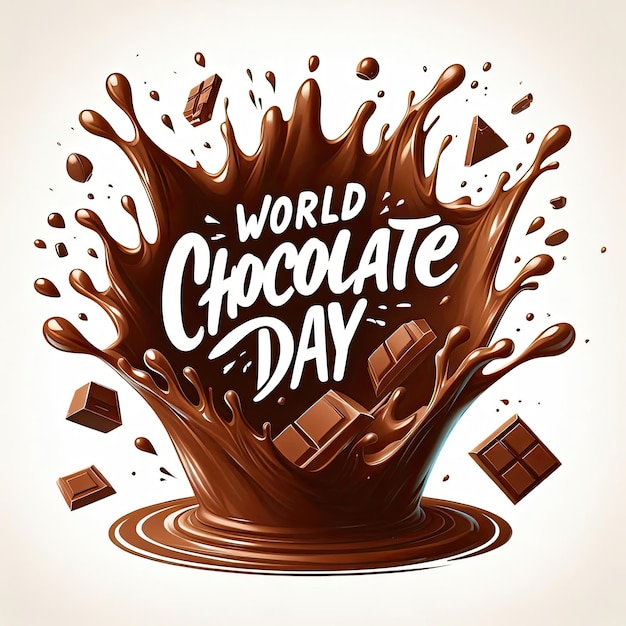 A white background greeting card with text WORLD CHOCOLATE DAY adorned with an aesthetic frame of sweet and delicious chocolate drips and splashes