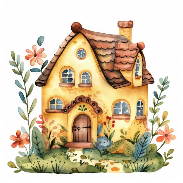 White background house with flowers cartoon style watercolor illustration