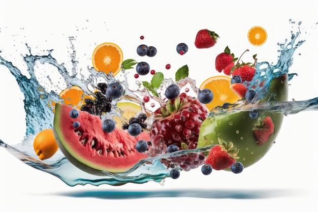 On a white background an image of fresh fruit falling in water is shown