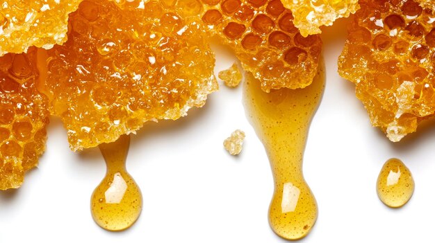 Photo on a white background is a honeycomb looking at honey syrup drizzling down honey is seen in an overhead view