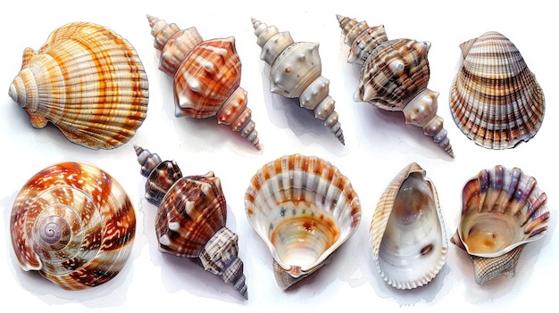 The white background is an isolated collection of seashells