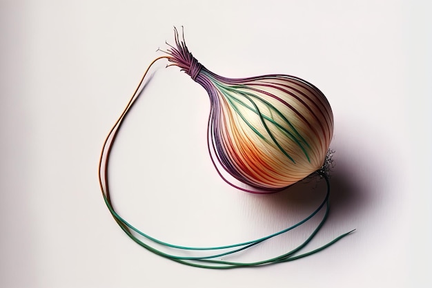 On a white background an onion string with various colors dangling from it