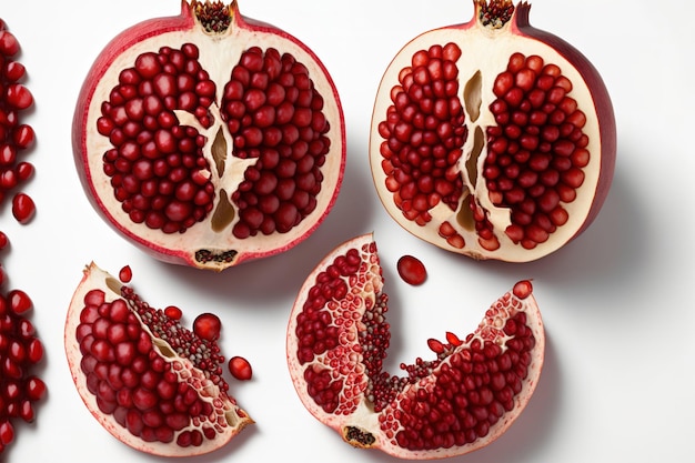 On a white background pomegranate seeds are shown