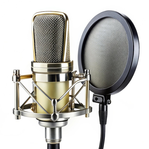 A white background Professional condenser microphone with a pop filter in a studio