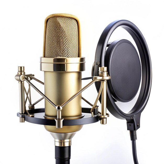 A white background Professional condenser microphone with a pop filter in a studio