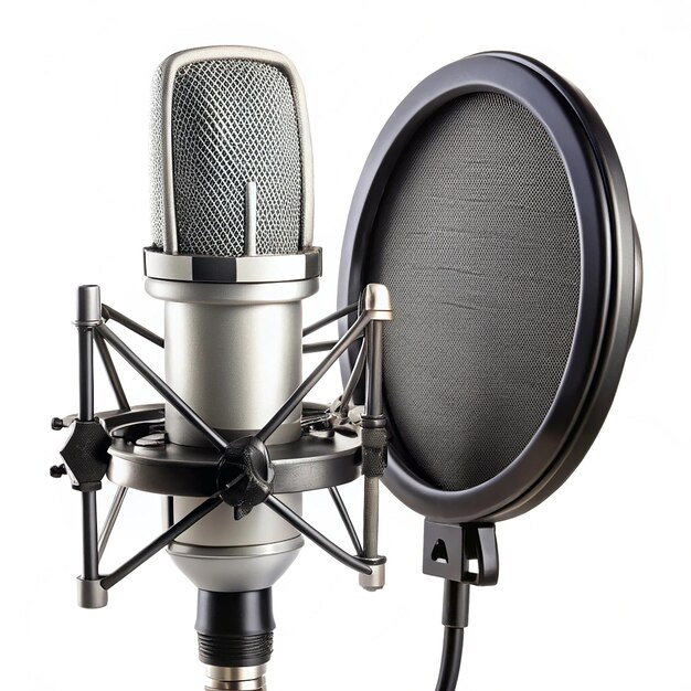 A white background Professional condenser microphone with a pop filter in a studio