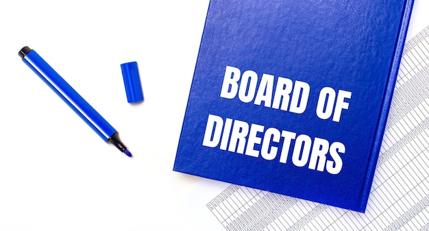 On a white background reports a blue pen and a blue notebook with the text BOARD OF DIRECTORS Business concept Banner