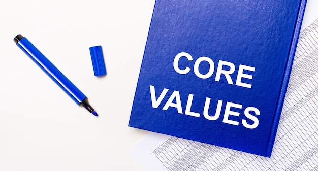 On a white background reports, a blue pen and a blue notebook with the text CORE VALUES. Business concept. Banner