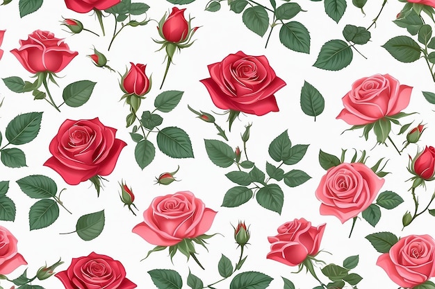 White Background Rose Flower Seamless Pattern