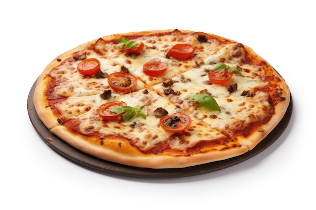 White background showcasing tasty newly made pizza