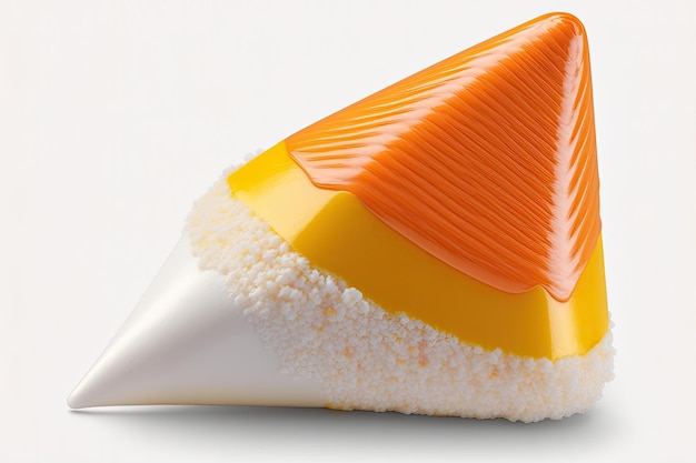 On a white background a single candy corn Commonly distributed on October 31 as a treat