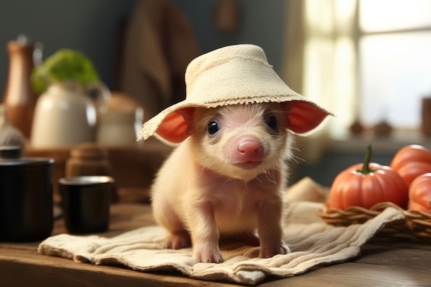 On a white background a small pig wears a straw hat and blanket Generative AI