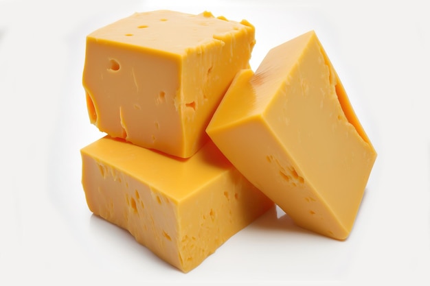 On a white background there are several chunks of sharp cheddar cheese