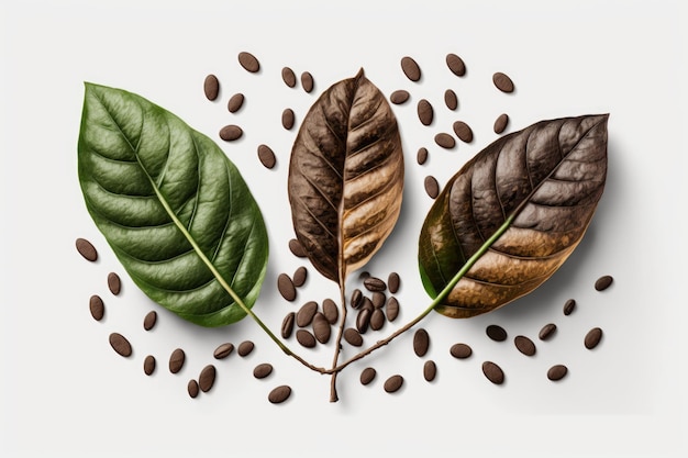 On a white background three sparkling freshly roasted coffee beans with leaves are seen