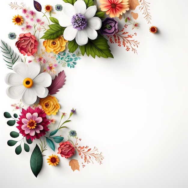 a white background topped with lots of colorful flowers, blank space