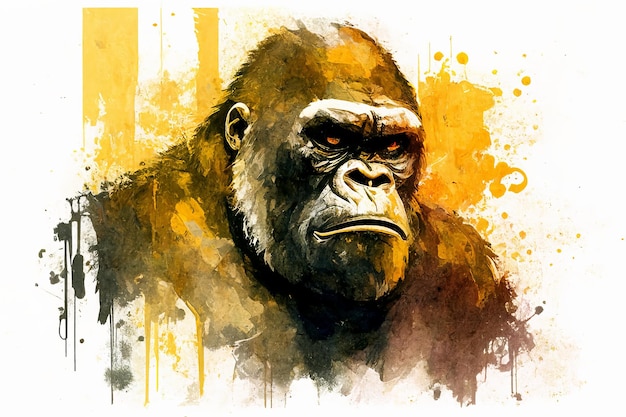 On a white background watercolor drawing of an angry gorilla monkey with gold paint Generative AI