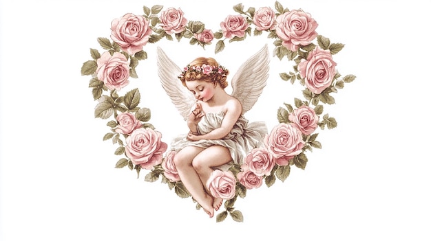 Photo white background white square with pink roses in a heart shape a vintage cupid angel inside the ro