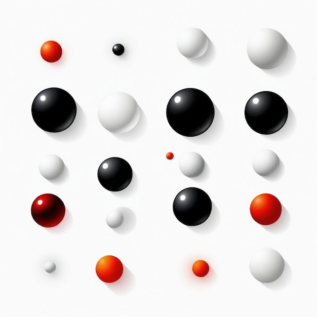 a white background with black and red balls and one red one with a white background