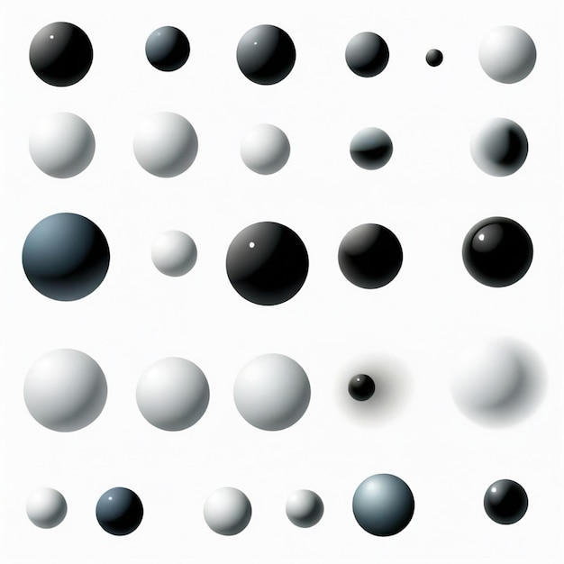 a white background with black and white balls and black dots