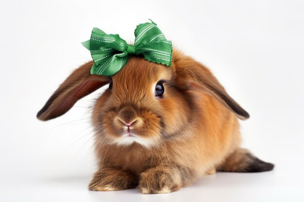 A white background with a brown baby rabbit wearing a green bow