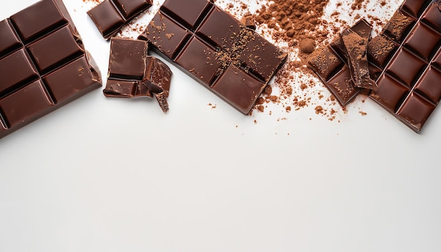 A white background with chocolate bars and chocolate pieces