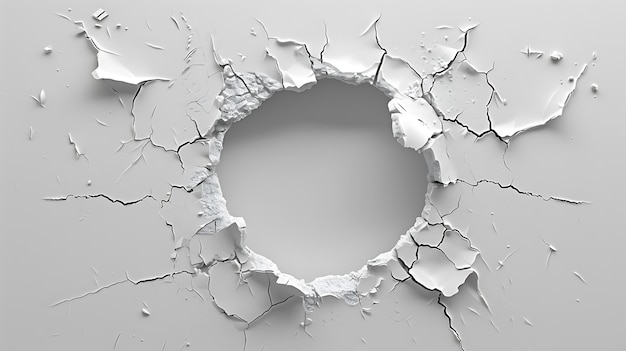 A white background with a circular hole in the middle and cracks spreading out from it